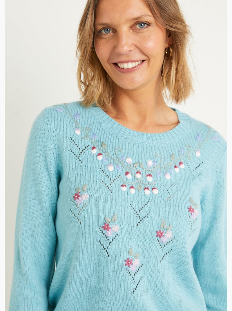 Pull doux uni brodé ajouré col rond - Afibel Vert - Kiabi