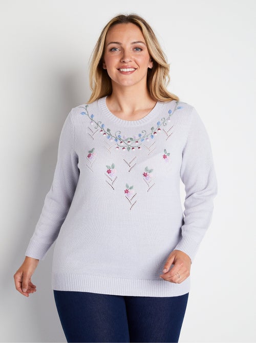 Pull doux uni brodé ajouré col rond - Kiabi
