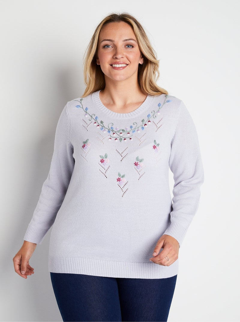 Pull doux uni brodé ajouré col rond Argenté - Kiabi