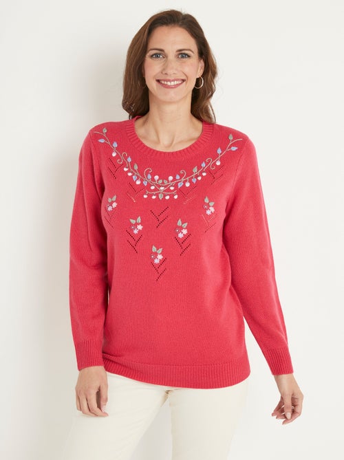 Pull doux uni brodé ajouré col rond - Kiabi