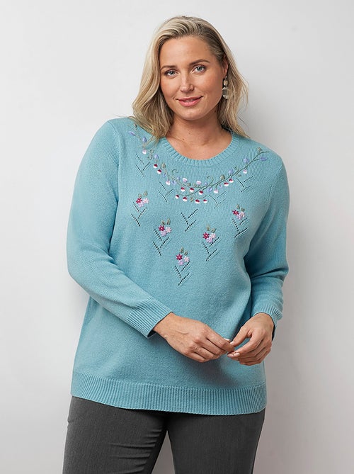 Pull doux uni brodé ajouré col rond - Kiabi