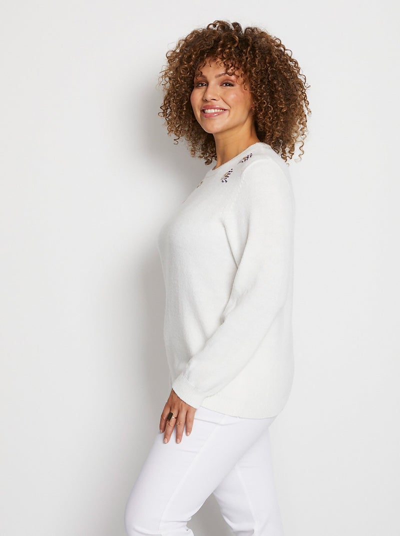 Pull doux uni brodé col rond manches longues - Afibel Beige - Kiabi