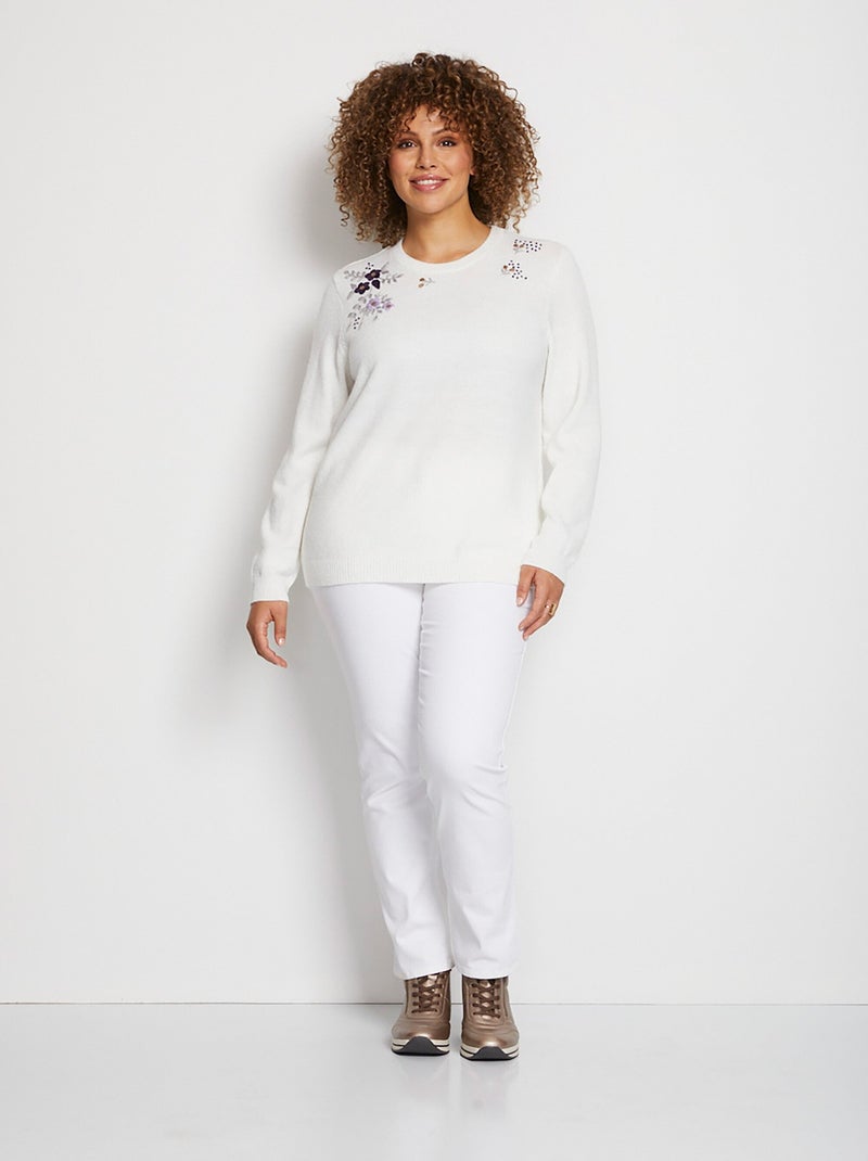 Pull doux uni brodé col rond manches longues - Afibel Beige - Kiabi