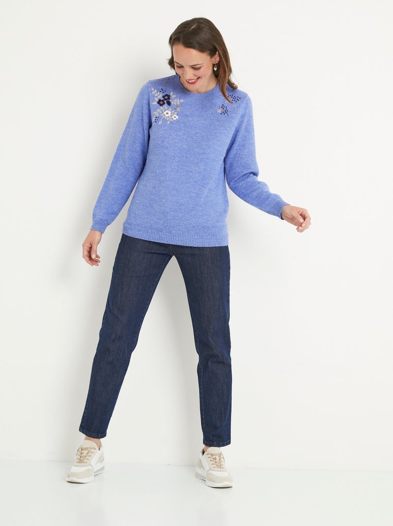 Pull doux uni brodé col rond manches longues - Afibel Bleu - Kiabi