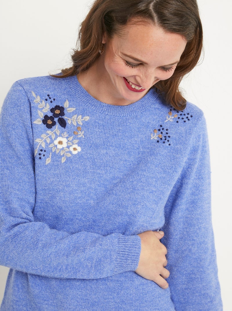 Pull doux uni brodé col rond manches longues - Afibel Bleu - Kiabi
