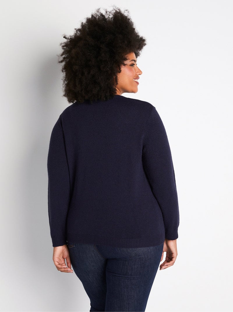 Pull doux uni brodé col rond manches longues - Afibel Bleu marine - Kiabi