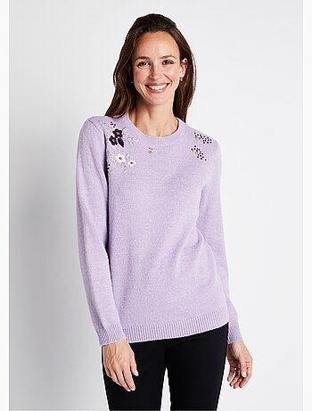 Pull doux uni brodé col rond manches longues - Afibel