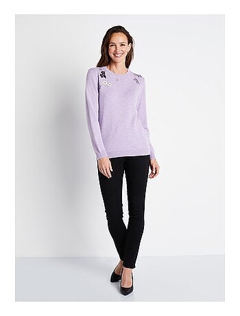 Pull doux uni brodé col rond manches longues - Afibel