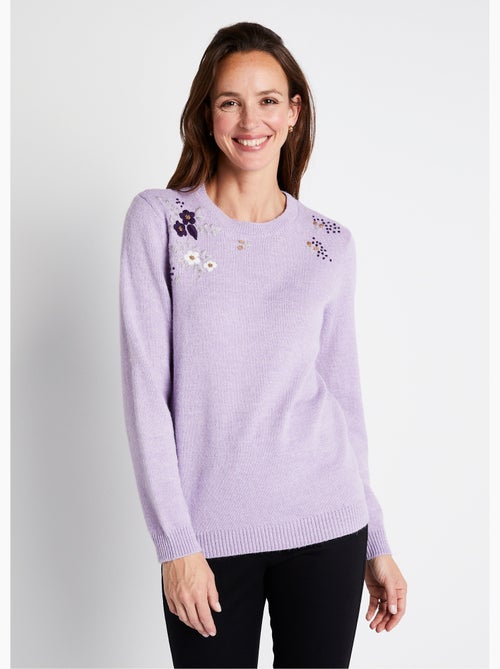 Pull doux uni brodé col rond manches longues - Afibel - Kiabi