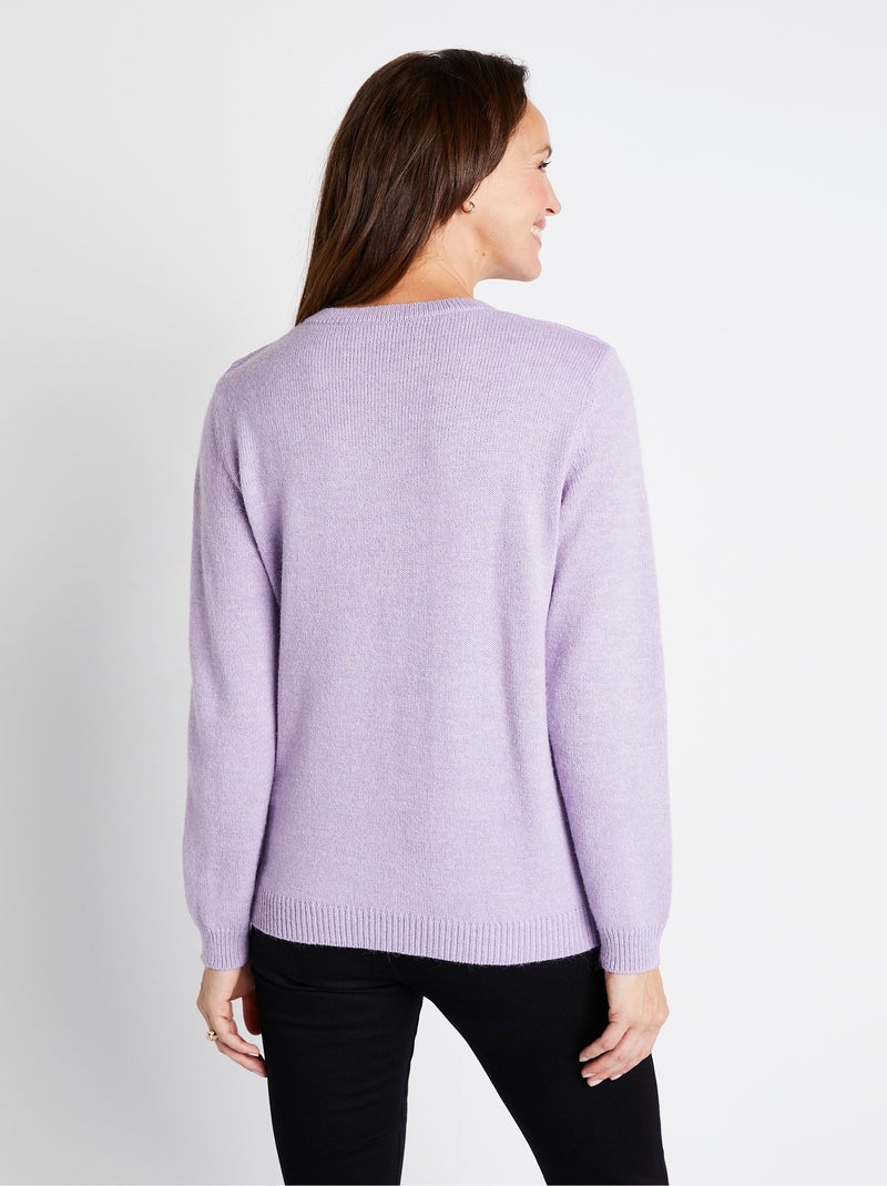 Pull doux uni brodé col rond manches longues - Afibel Mauve lilas - Kiabi