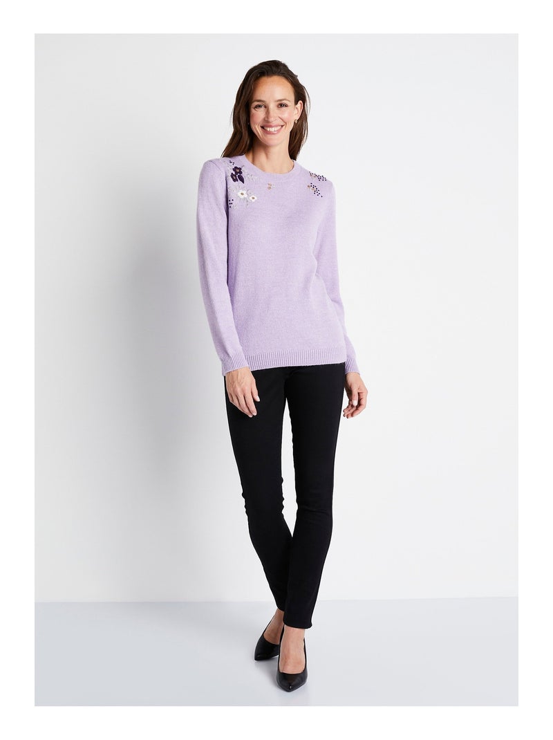 Pull doux uni brodé col rond manches longues - Afibel Mauve lilas - Kiabi