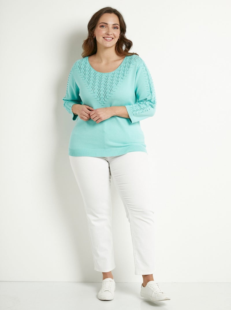 Pull doux uni col rond maille fantaisie - Afibel Bleu aqua - Kiabi