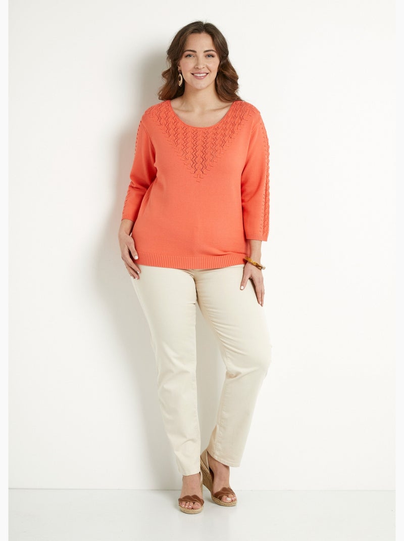 Pull doux uni col rond maille fantaisie - Afibel Orange - Kiabi