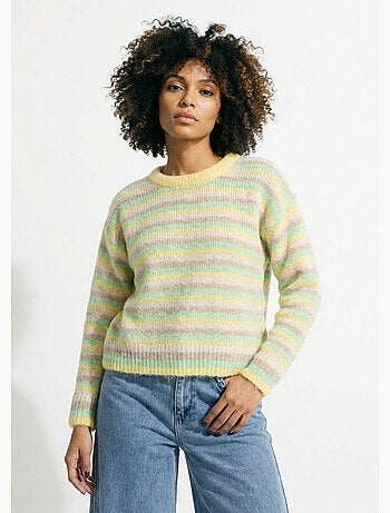 Pull duveteux col rond, rayures pastel - AFIBEL