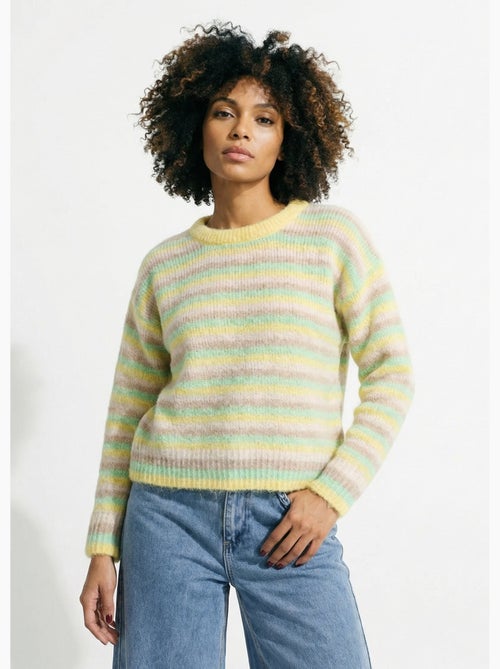 Pull duveteux col rond, rayures pastel - AFIBEL - Kiabi