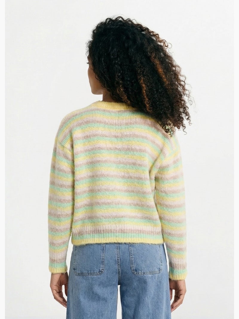 Pull duveteux col rond, rayures pastel - AFIBEL Jaune - Kiabi