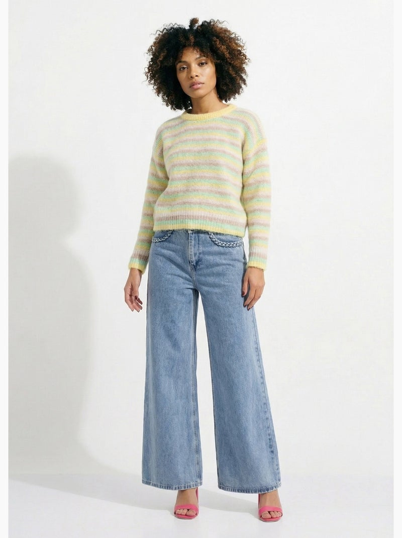 Pull duveteux col rond, rayures pastel - AFIBEL Jaune - Kiabi