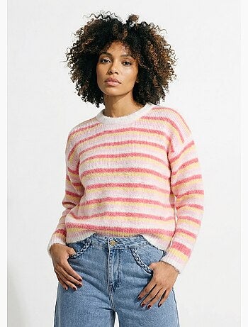 Pull duveteux col rond, rayures pastel - AFIBEL
