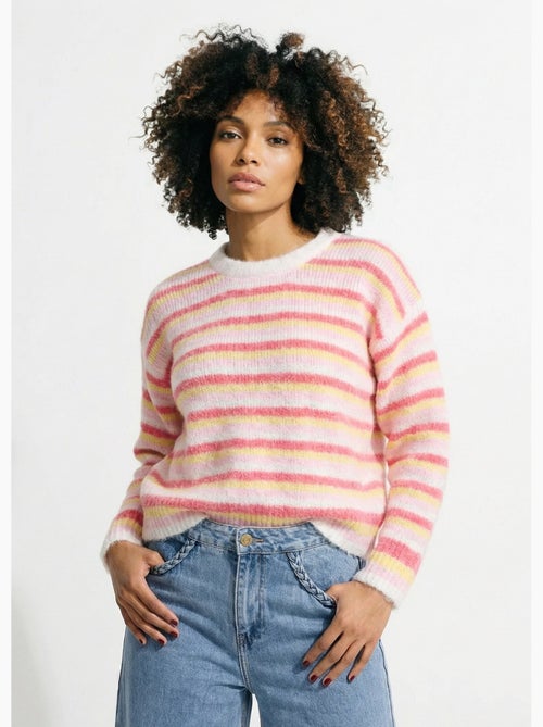 Pull duveteux col rond, rayures pastel - AFIBEL - Kiabi