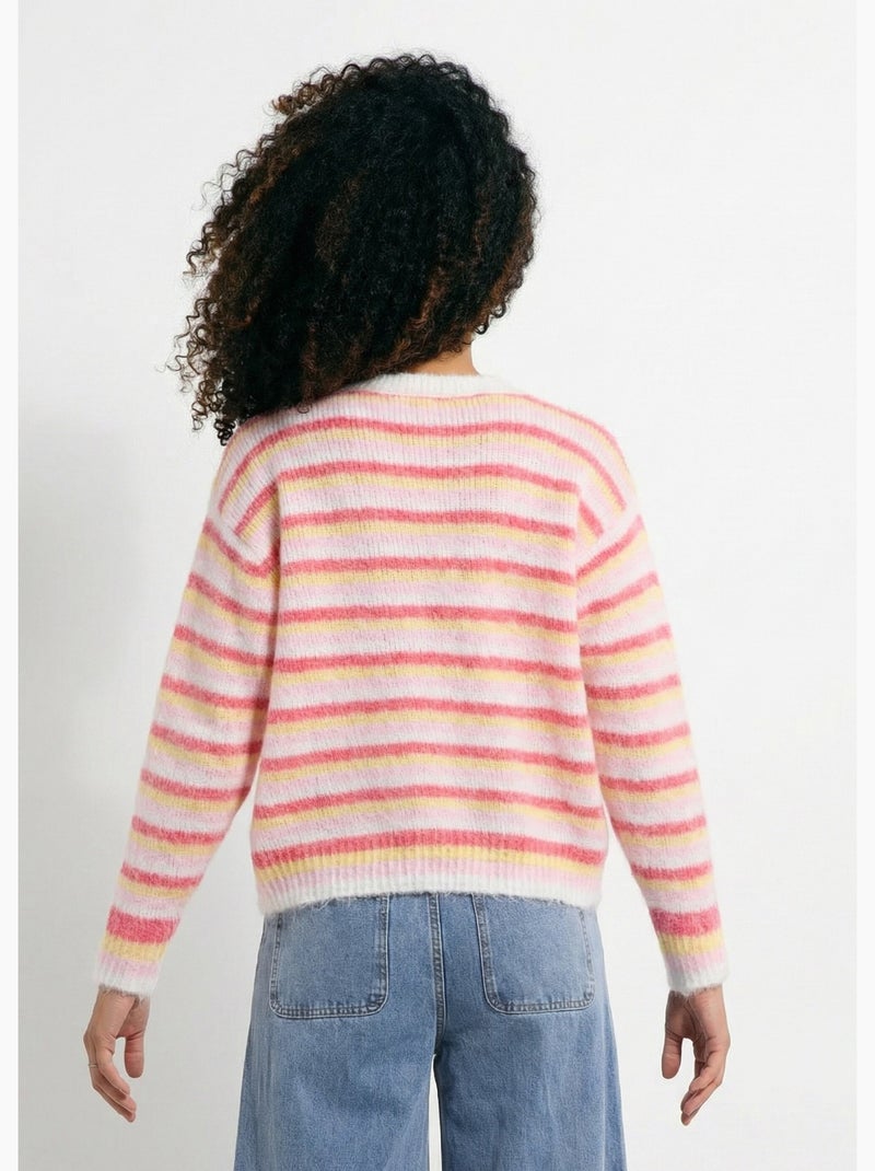 Pull duveteux col rond, rayures pastel - AFIBEL Rose - Kiabi