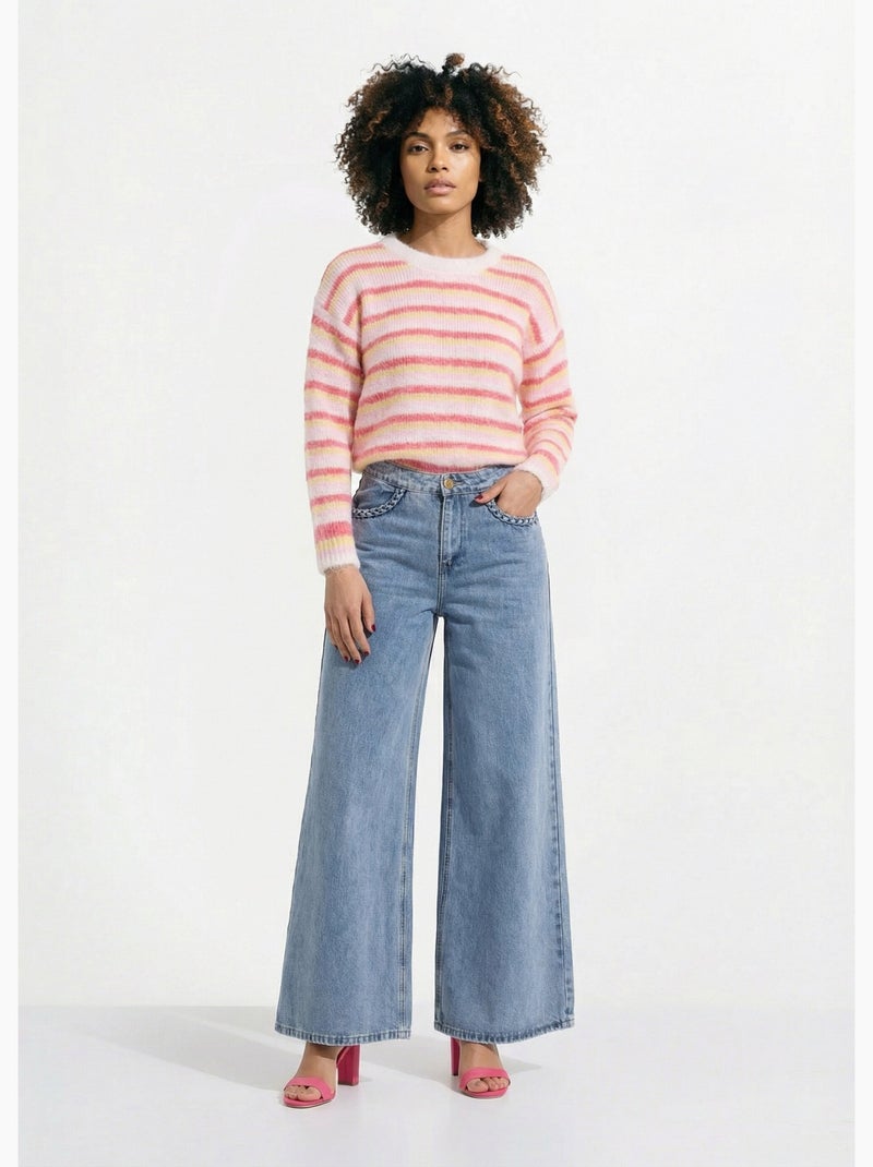 Pull duveteux col rond, rayures pastel - AFIBEL Rose - Kiabi