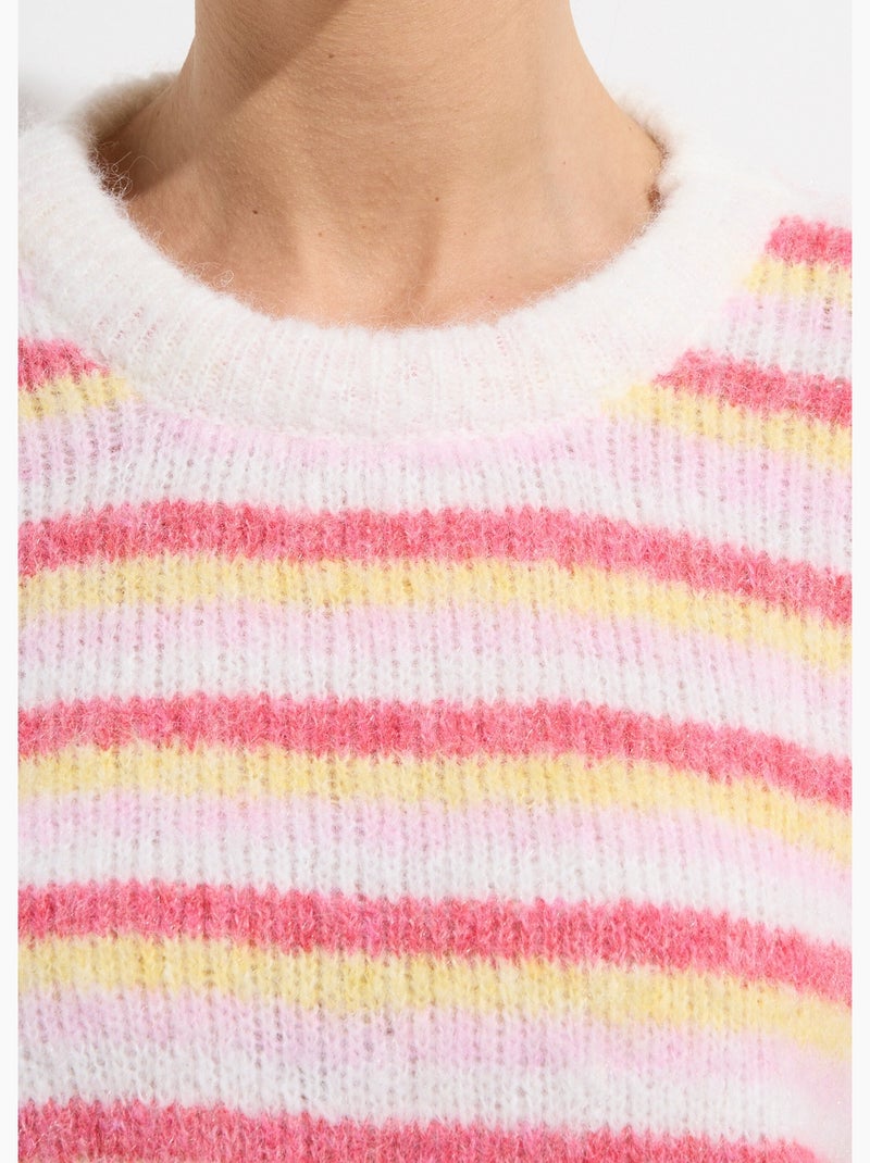 Pull duveteux col rond, rayures pastel - AFIBEL Rose - Kiabi