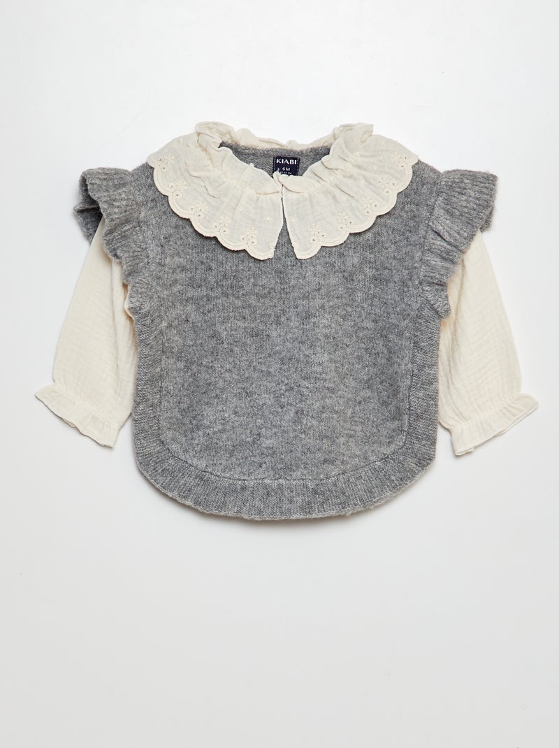 Pull effet 2 en 1 avec manches en gaze de coton Gris - Kiabi