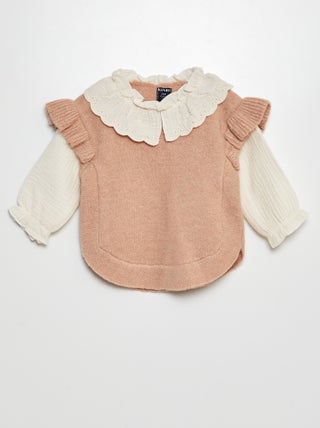 Pull effet 2 en 1 avec manches en gaze de coton