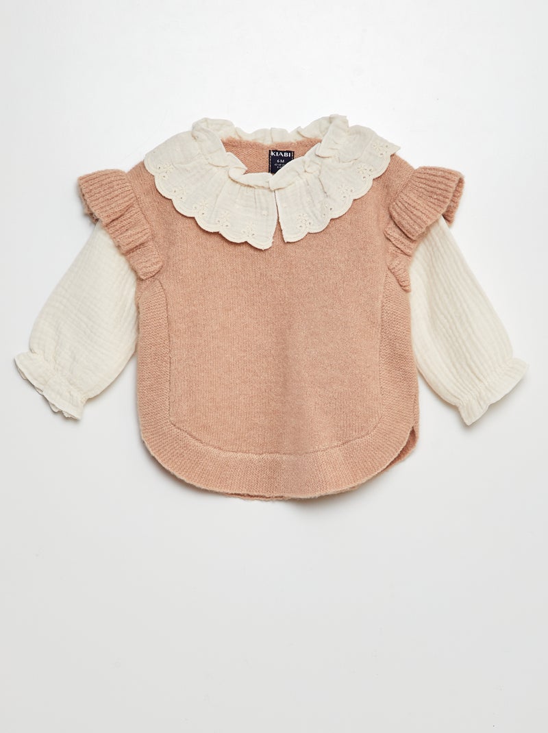 Pull effet 2 en 1 avec manches en gaze de coton Rose - Kiabi