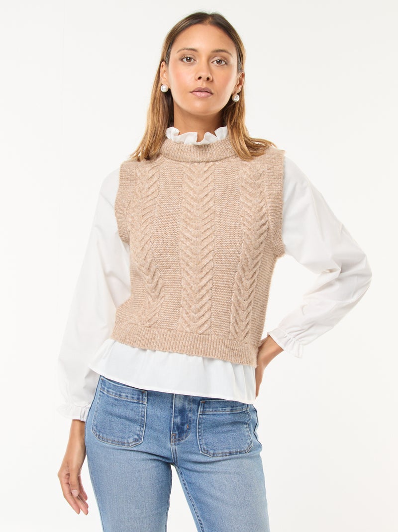 Pull effet 2-en-1avec chemise Beige Femme Kiabi