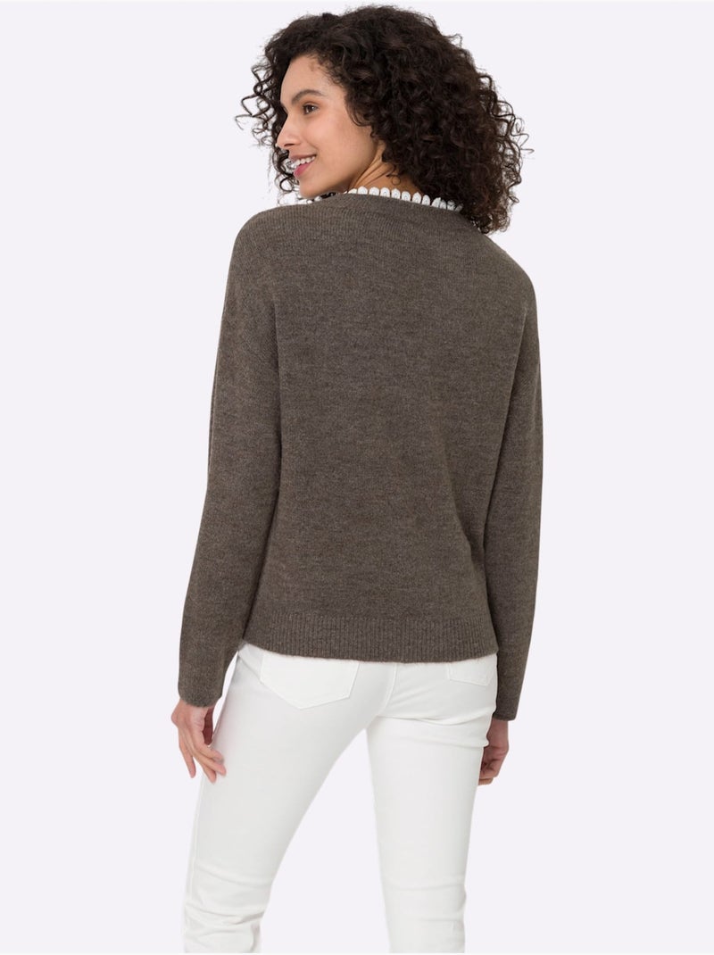 Pull Empiècement En Dentelle Délicat - Taille Standard - Helline Gris taupe - Kiabi