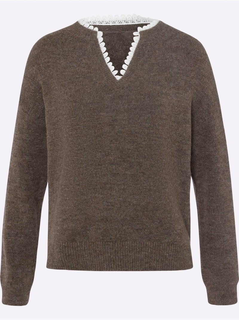 Pull Empiècement En Dentelle Délicat - Taille Standard - Helline Gris taupe - Kiabi