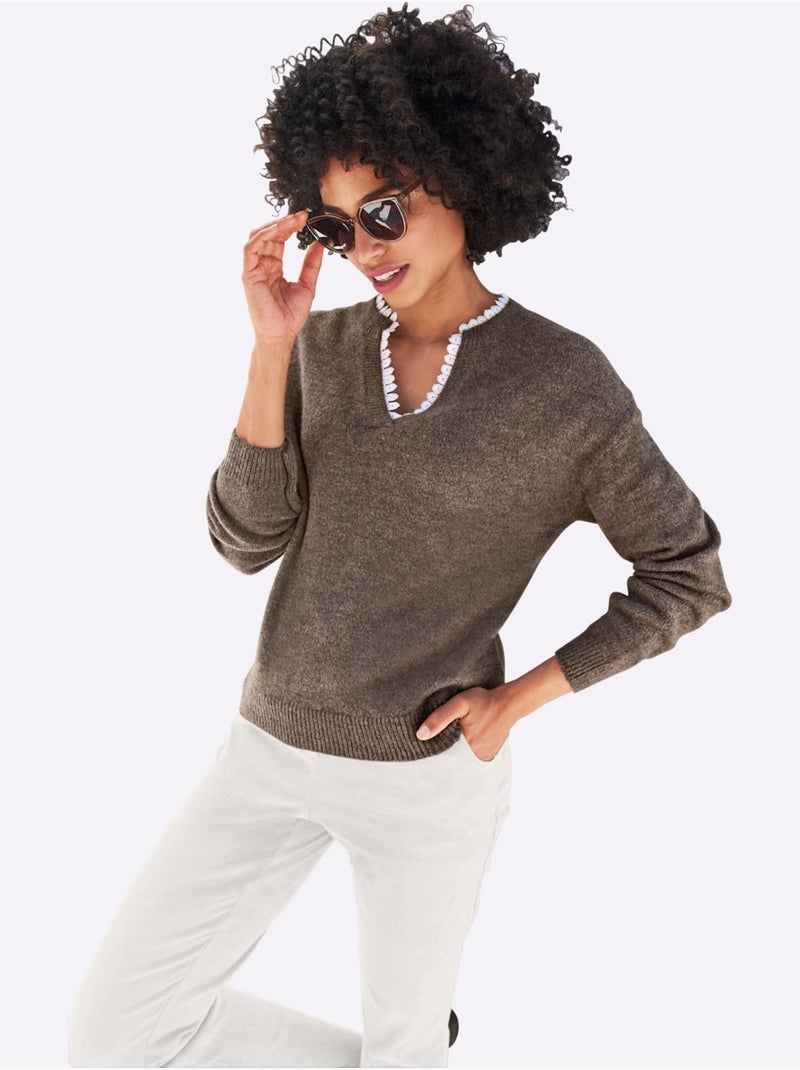 Pull empiècement en dentelle délicat - taille standard - helline Gris taupe - Kiabi