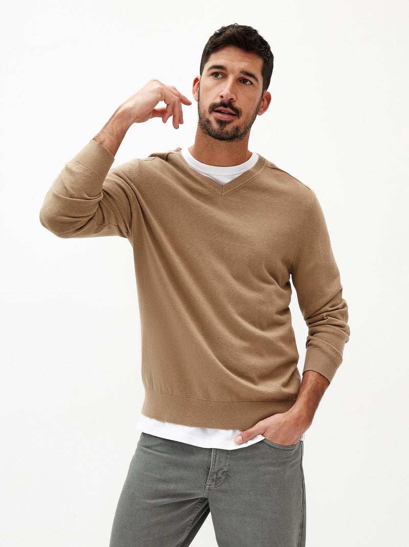 Pull en cachemire mélangé à col en V Beige - Kiabi