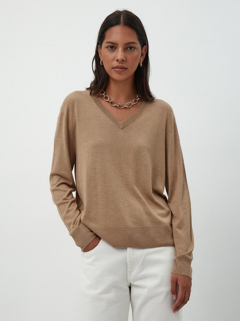 Pull en cachemire mélangé à col en V Marron - Kiabi