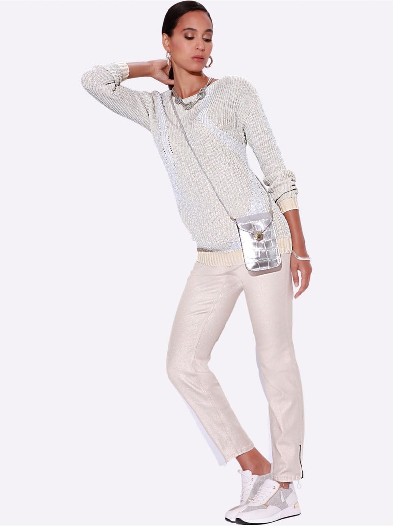 Pull en coton à manches longues et encolure en U - Taille standard - Helline Beige gris - Kiabi
