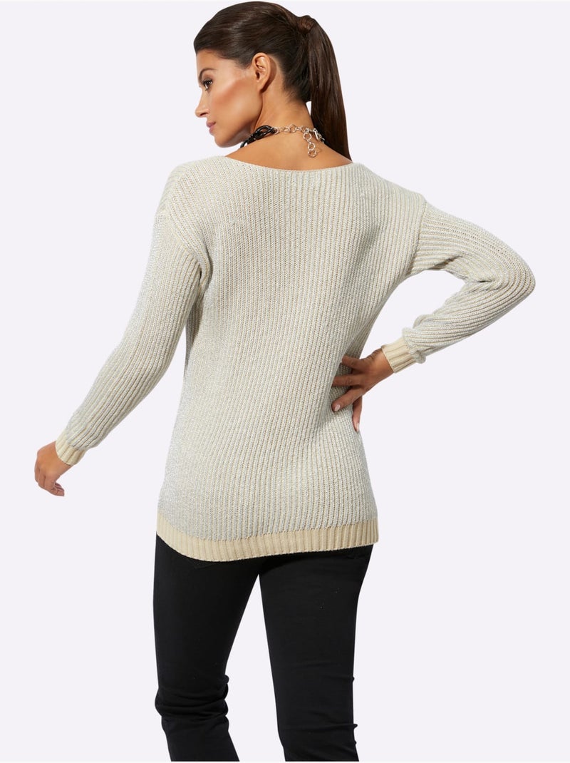 Pull en coton à manches longues et encolure en U - Taille standard - Helline Beige gris - Kiabi