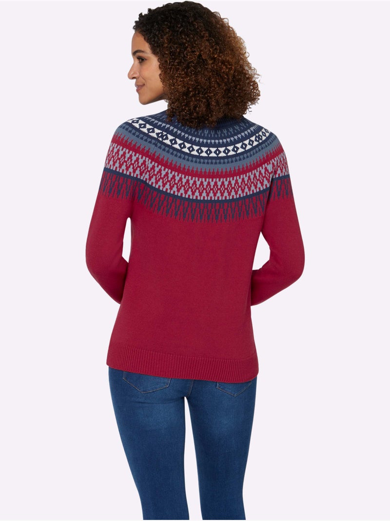 Pull en coton à motif norvégien et col rond - taille standard - witt Cerise - Kiabi