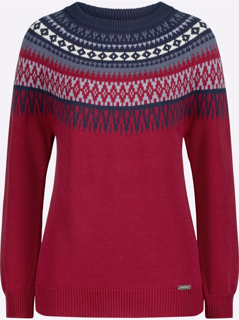 Pull en coton à motif norvégien et col rond - taille standard - witt Cerise - Kiabi