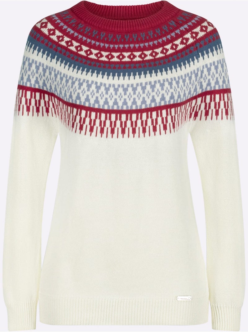 Pull en coton à motif norvégien et col rond - taille standard - witt Ecru - Kiabi