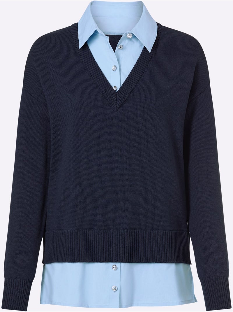 Pull En Coton Aspect 2 En 1 - Taille Standard - Helline Bleu Bleu marine Noir - Kiabi