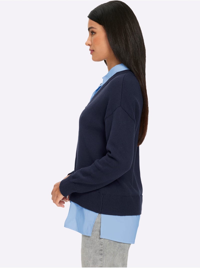 Pull En Coton Aspect 2 En 1 - Taille Standard - Helline Bleu Bleu marine Noir - Kiabi