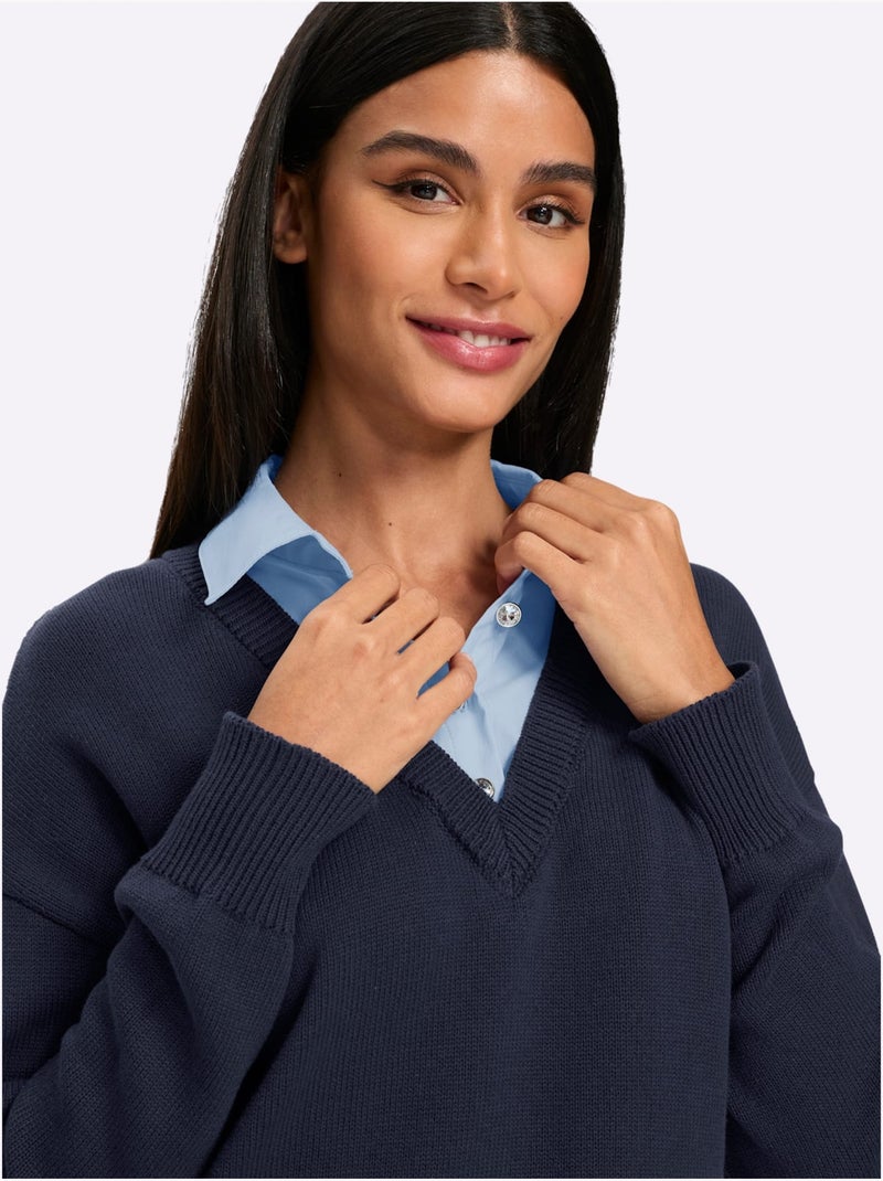 Pull En Coton Aspect 2 En 1 - Taille Standard - Helline Bleu Bleu marine Noir - Kiabi