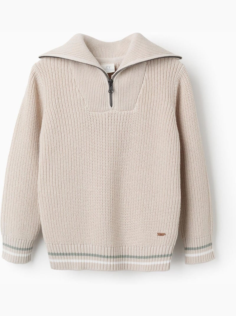 Pull en coton avec col zippé B&S Beige - Kiabi