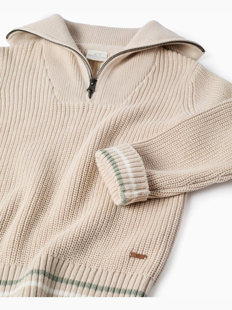 Pull en coton avec col zippé B&S Beige - Kiabi