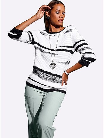 Pull en coton rayé col en u et manches trois quarts - taille standard - helline