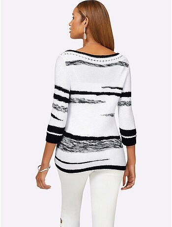 Pull en coton rayé col en u et manches trois quarts - taille standard - helline