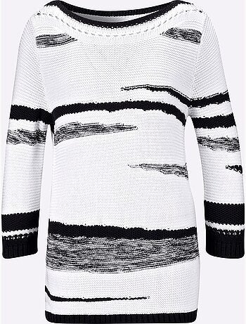 Pull en coton rayé col en u et manches trois quarts - taille standard - helline