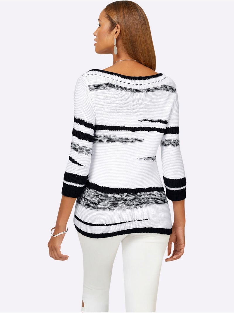 Pull en coton rayé col en u et manches trois quarts - taille standard - helline Blanc Noir - Kiabi
