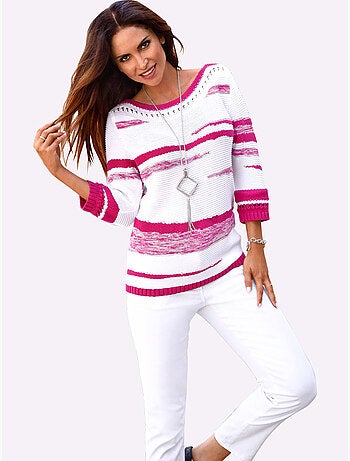 Pull en coton rayé col en U et manches trois quarts - Taille standard - Helline